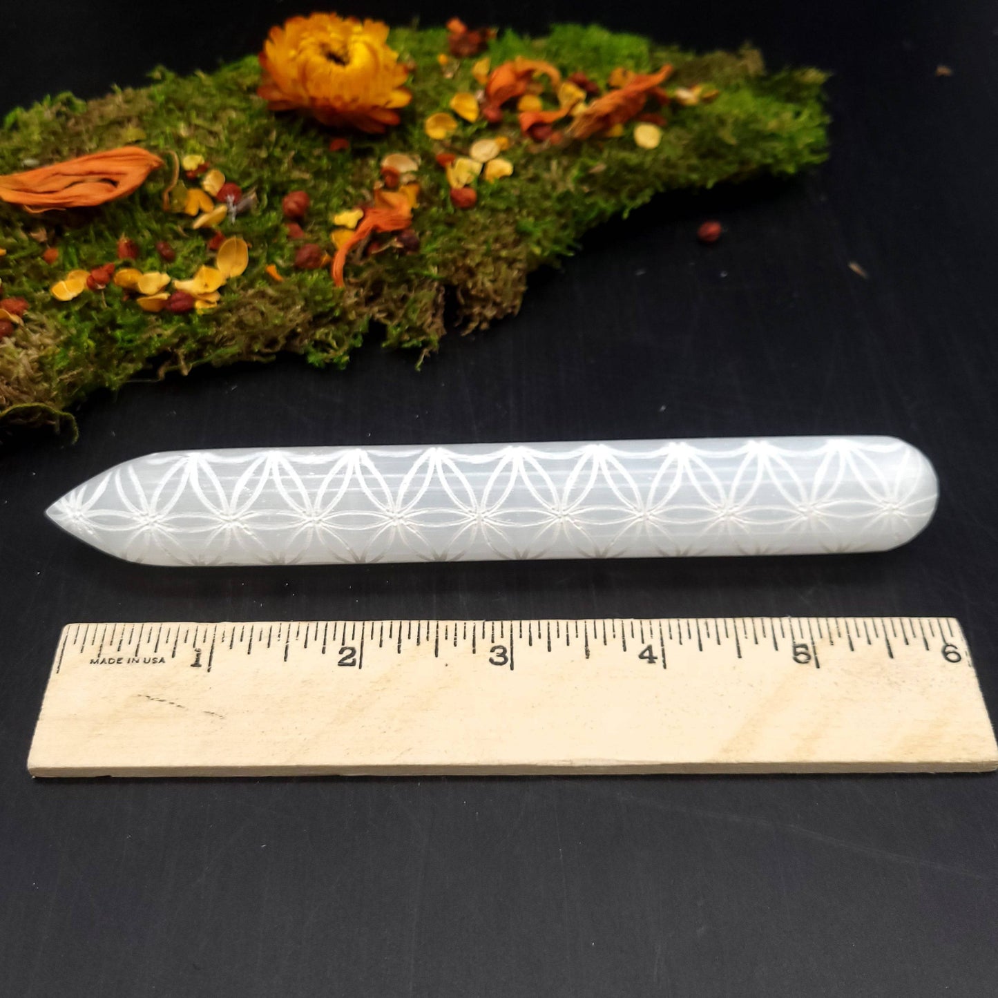 Engraved Selenite Wand - Flower Of Life