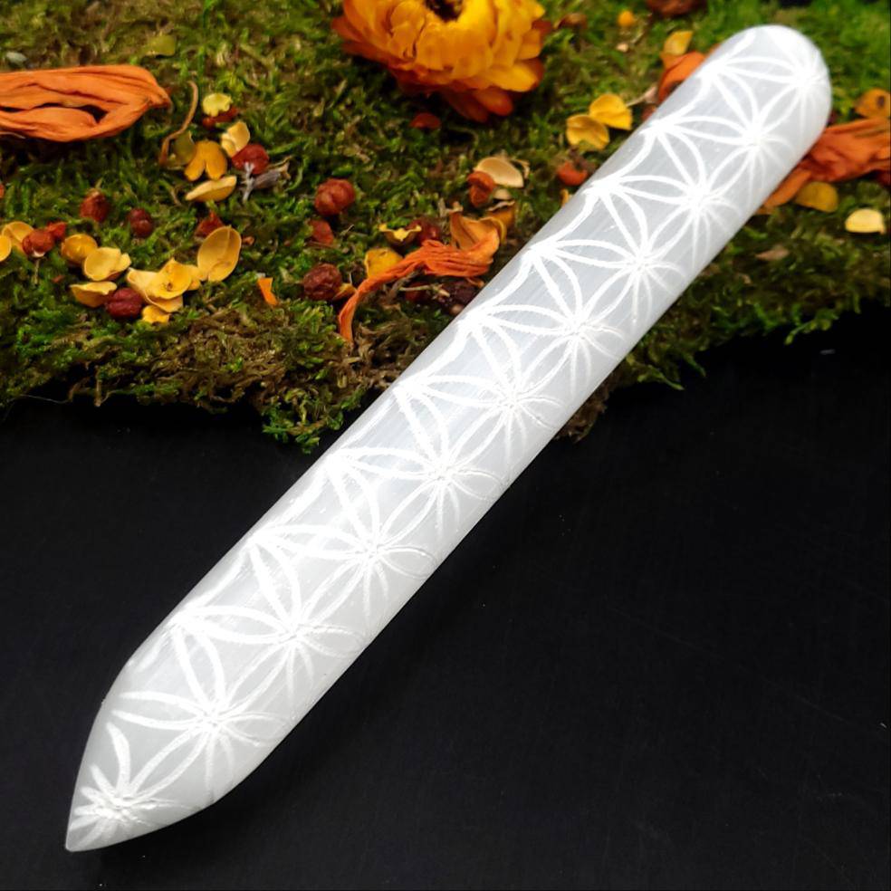 Engraved Selenite Wand - Flower Of Life