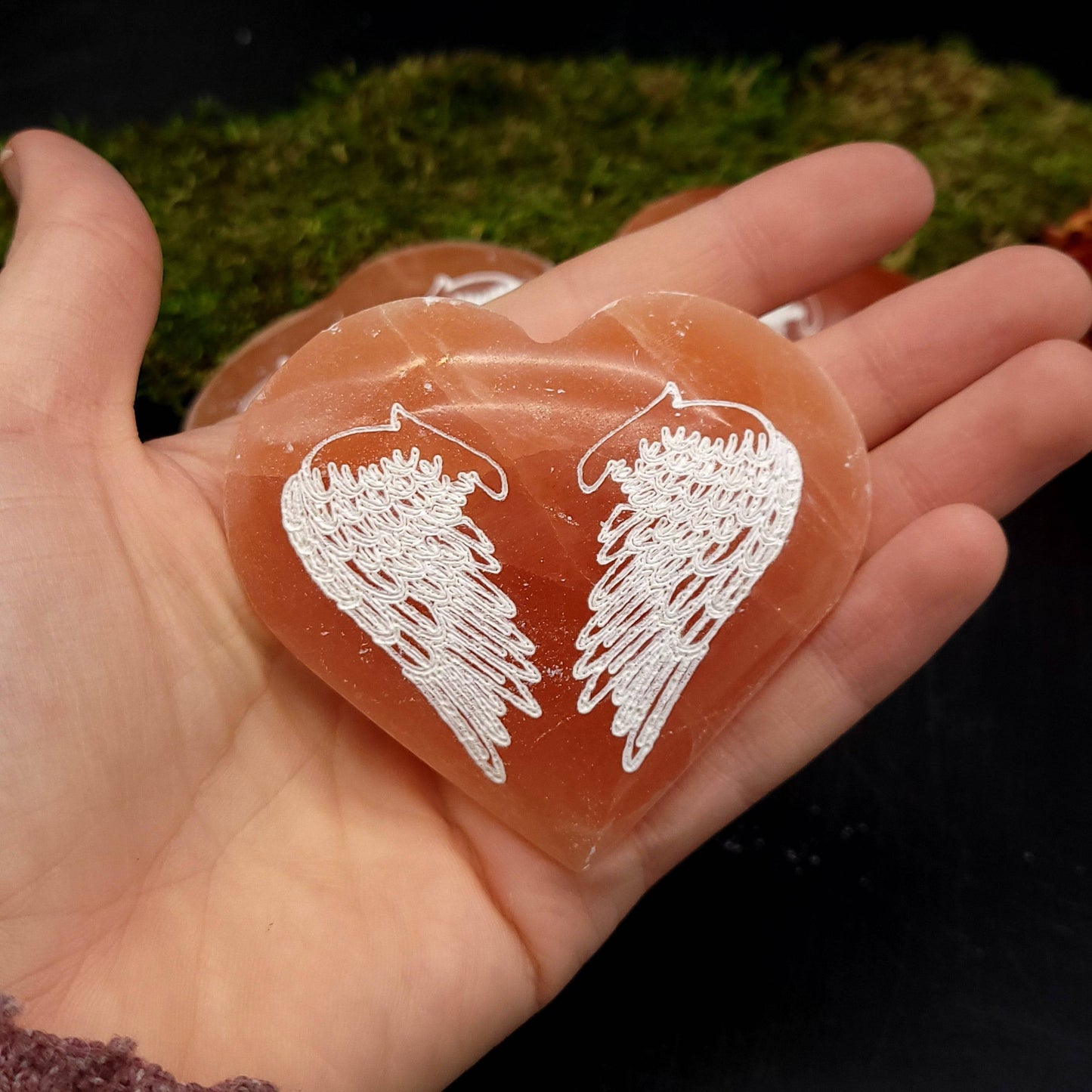 Peach Selenite Heart - Angel Wings