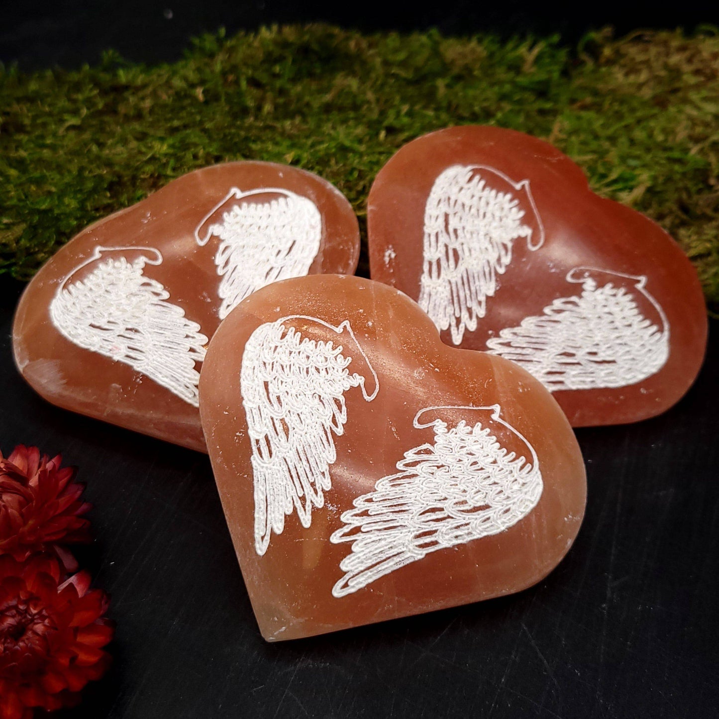 Peach Selenite Heart - Angel Wings