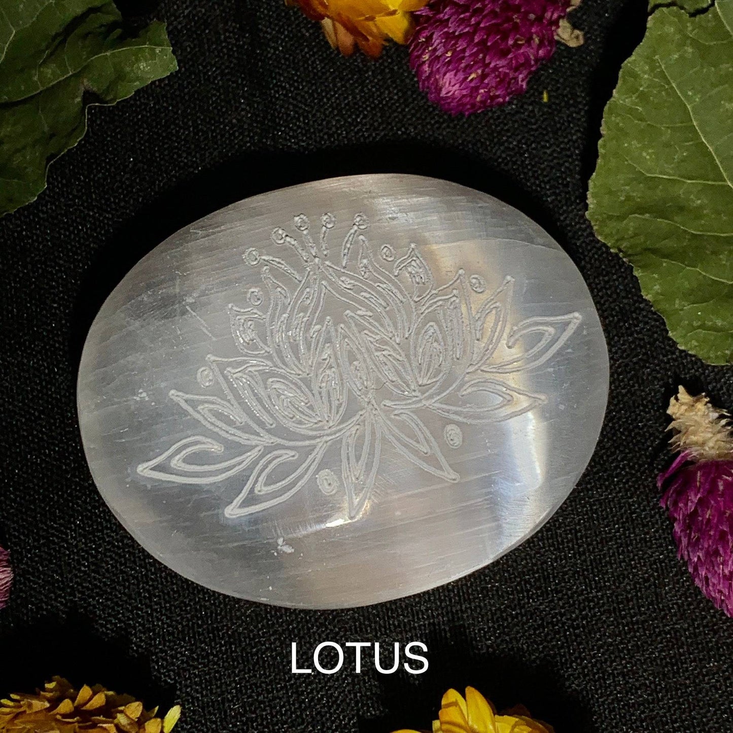 Engraved Selenite Palmstone - Funky Stuff