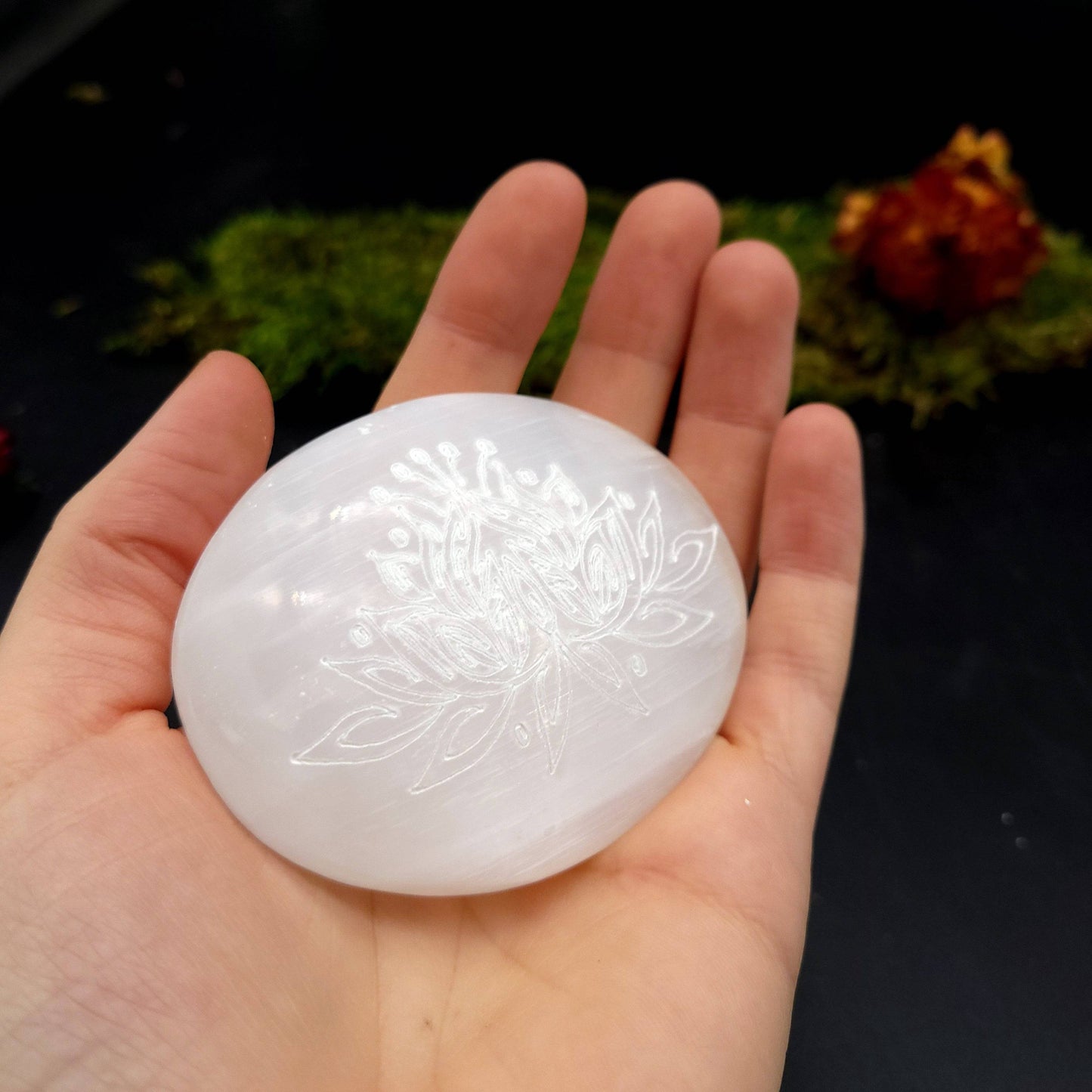 Engraved Selenite Palmstone - Funky Stuff