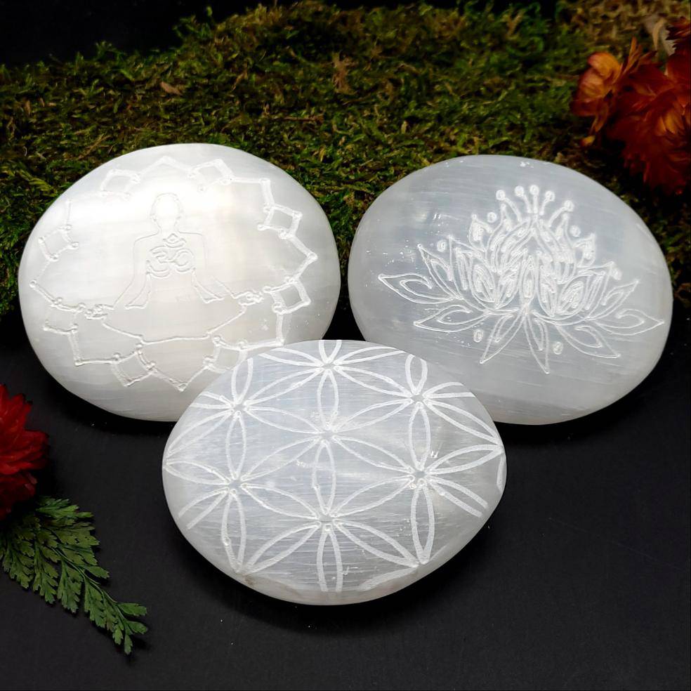 Engraved Selenite Palmstone - Funky Stuff