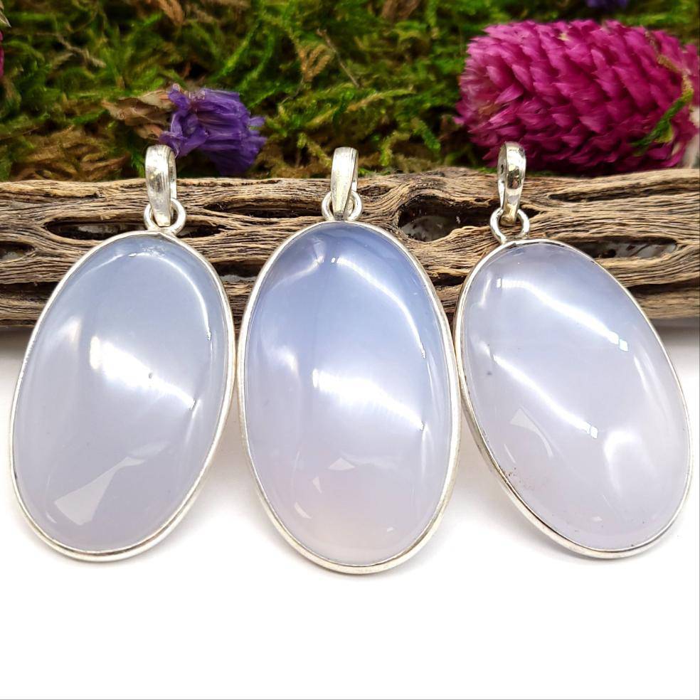 Blue Chalcedony Sterling Silver Pendant - Oval - Funky Stuff