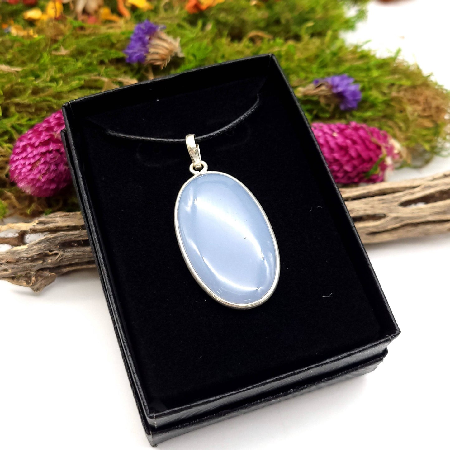 Blue Chalcedony Sterling Silver Pendant - Oval - Funky Stuff