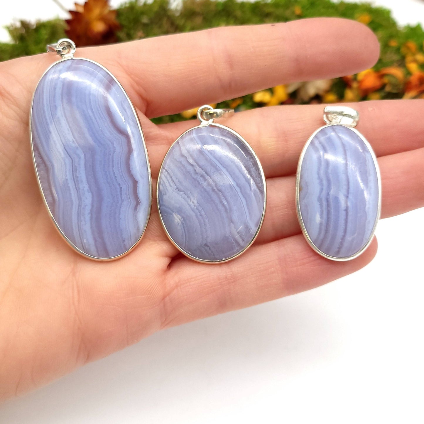 Blue Lace Agate Sterling Silver Pendant - Oval