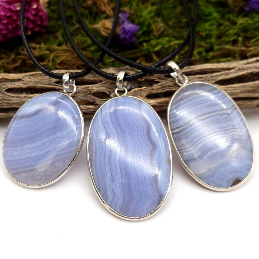 Blue Lace Agate Sterling Silver Pendant - Oval