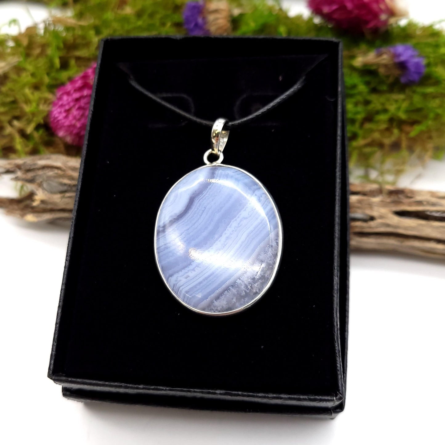 Blue Lace Agate Sterling Silver Pendant - Oval