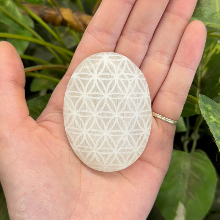 Engraved Selenite Palmstone - Flower Of Life - Funky Stuff