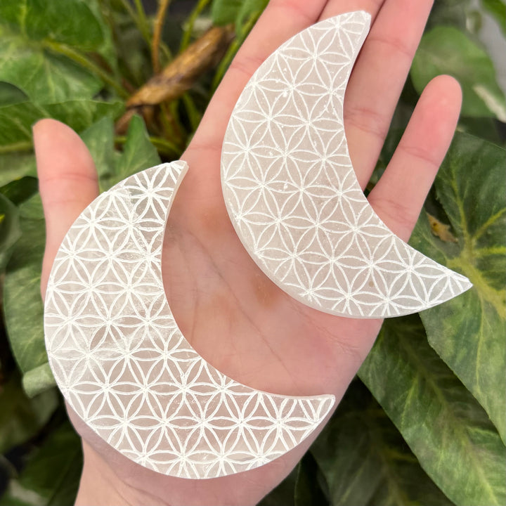 Selenite Engraved Moon Plate - Flower Of Life 3" - Funky Stuff