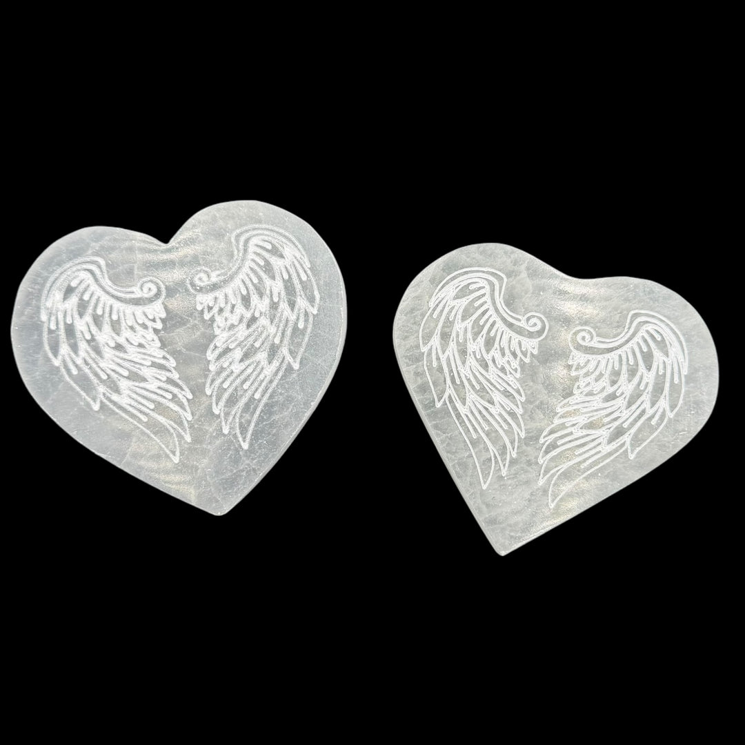 Selenite Engraved Heart Plate - Angel Wings 3" - Funky Stuff
