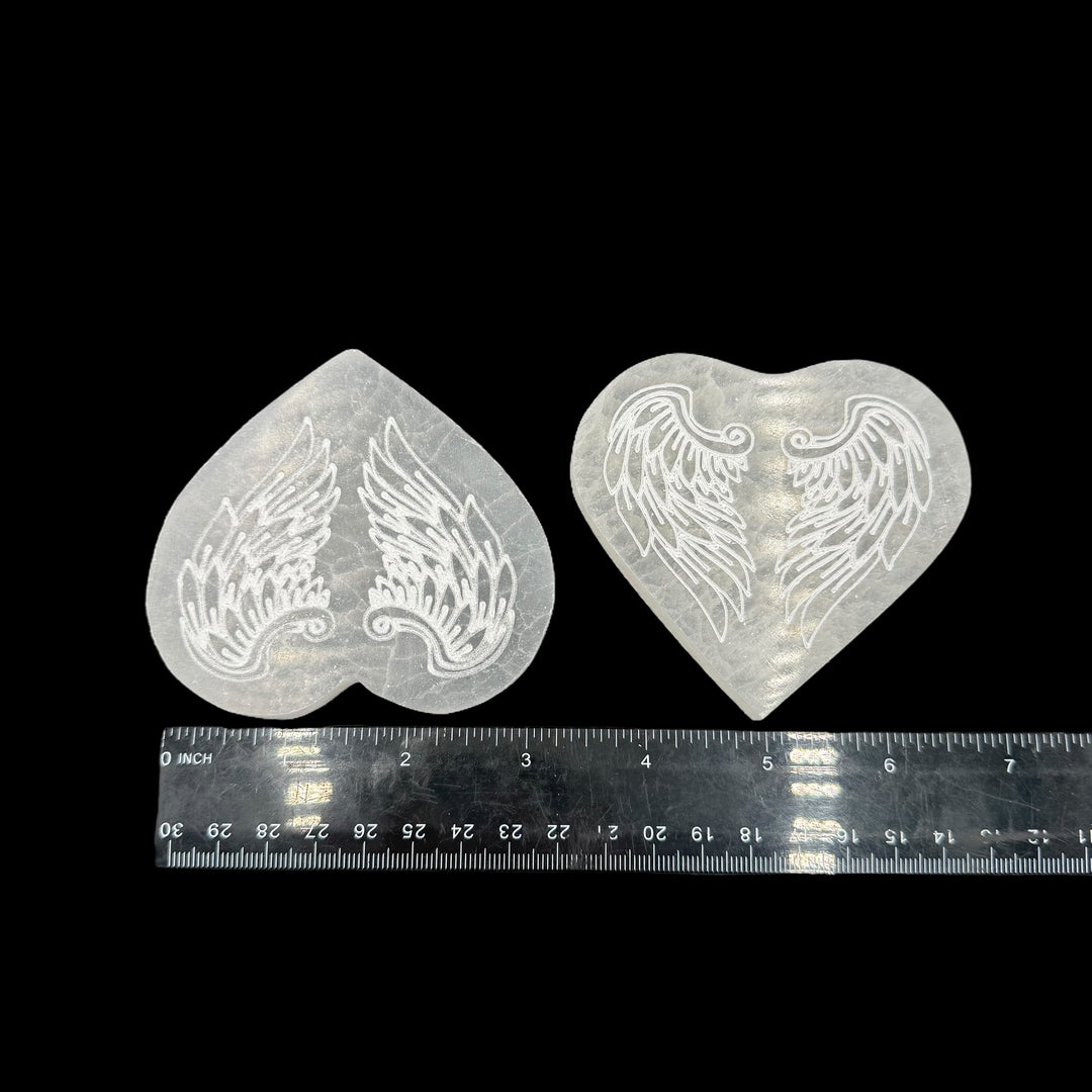 Selenite Engraved Heart Plate - Angel Wings 3" - Funky Stuff
