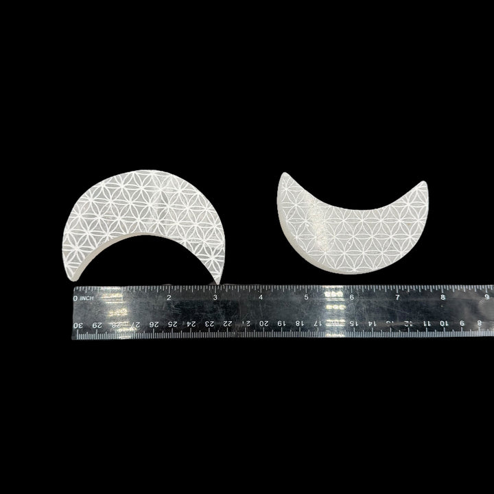 Selenite Engraved Moon Plate - Flower Of Life 3" - Funky Stuff