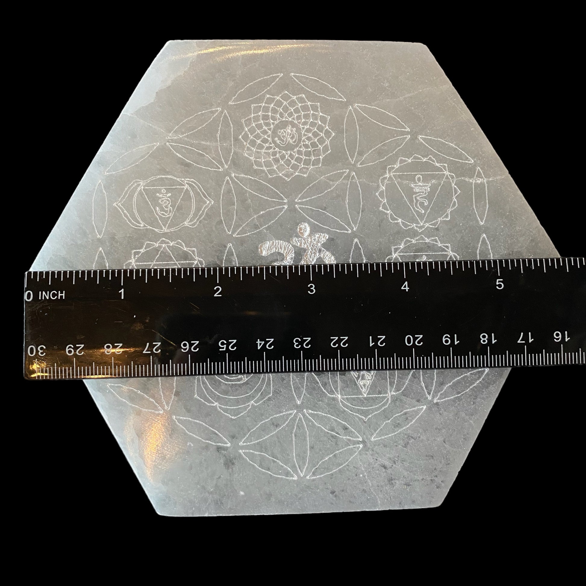 Selenite Hexagonal Charging Plate - Om/Chakra (Large) - Funky Stuff
