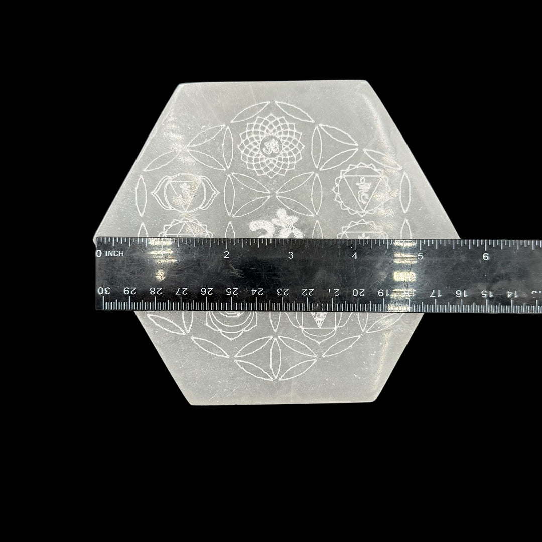 Selenite Hexagon Plate - Om Chakra 5.5" - Funky Stuff