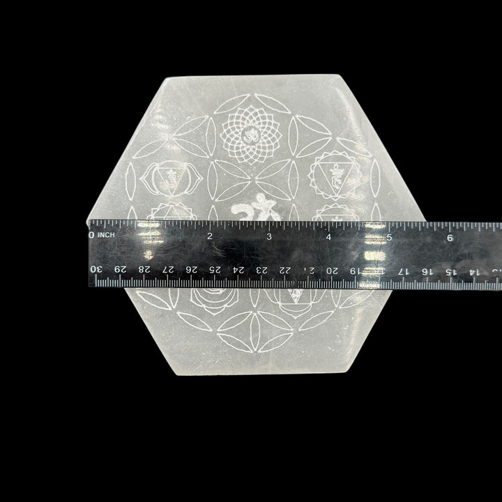 Selenite Hexagon Plate - Om Chakra 5.5" - Funky Stuff