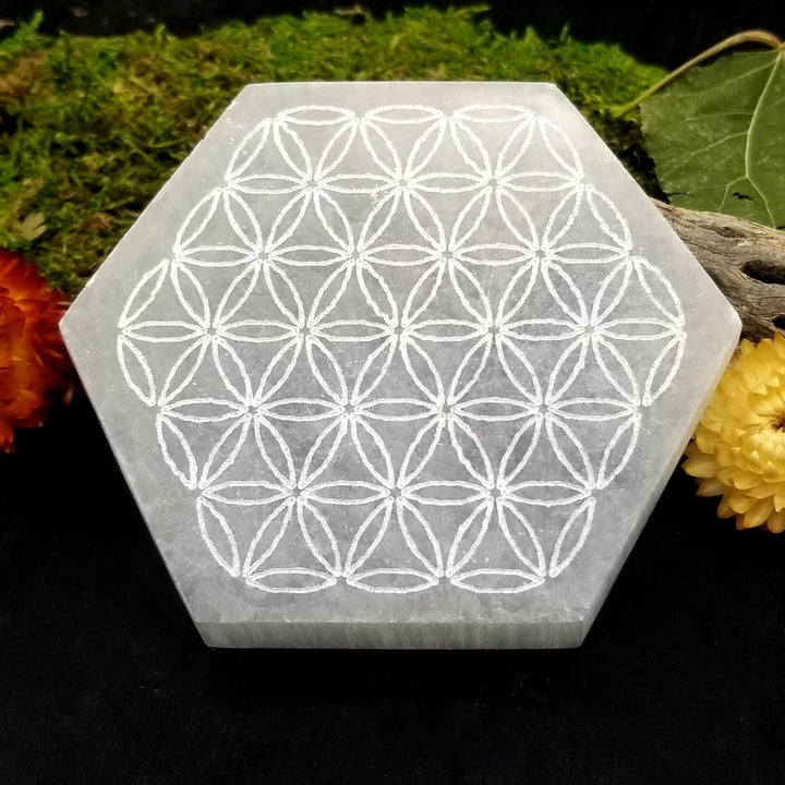Selenite Charging Plate - Hexagon (Flower of Life) - Funky Stuff