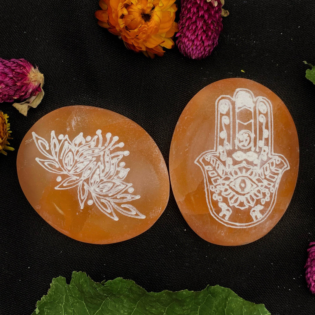 Peach Selenite Engraved Palmstone - Funky Stuff